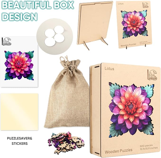 Leodozzio Lotus Wooden Jigsaw Puzzle for Adults 500 Pieces, 5MM Thick Unique Shaped Flower Wood Puzzle, Home Wall Decor, Family Game, 15.9 x 15.9 Inch