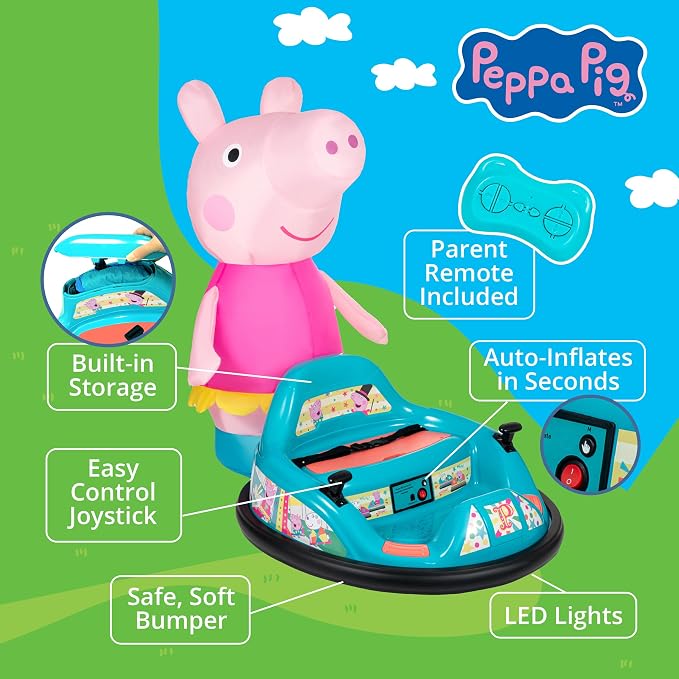 6V Peppa Pig Toy Toddler Bumper Car - Ride On Toddler Toy, Kids Electric Bumper Car, Auto-Inflated, Parent Remote Control, LED Light, 360° Spins, 1 MPH, Max Weight 66lbs, Age 1.5-4yrs