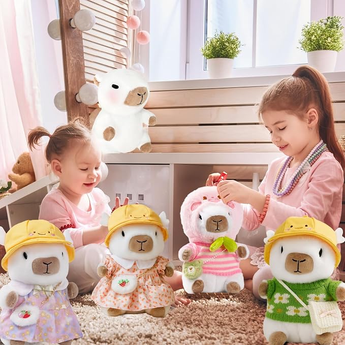 10.2" White Capybara Plush with 9 Pcs of Clothing and Accessories Super Soft Capybara Stuffed Animal Capybara Plush Toy is Suitable for Kids, Girls and Boys