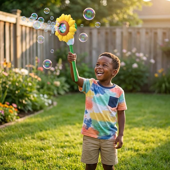 Sunflower Water Sprinkler with Bubble Machine, 4-in-1 Outdoor Sprinkler Toy for Kids with Bubbles, Lights and Music, Garden Hose Splash Toy for Backyard and Summer Parties(Sunflower)