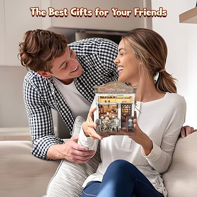 DIY Miniature House Kit, Coffee Shop Book Nook Kit, Mini Building Kit, Dollhouse Kit for Adults and Teens, 3D Wooden Puzzles with LED Light, Craft Kit for Family and Friends(Retro Coffee Shop)