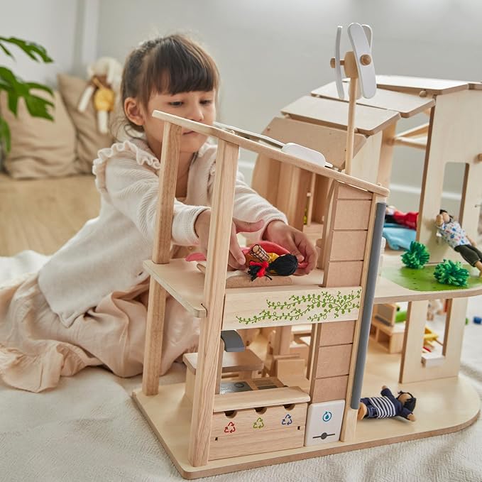 PlanToys® Green Wooden Dollhouse with Furniture | Eco Friendly Doll House with Solar Panel, Wind Turbine & Recycling System | Pretend Play Dollhouse for Sustainable Living Role Play