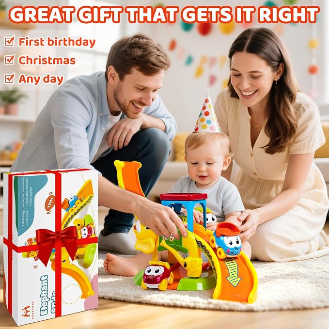 Marstone Toddler Toys for 1 2 Year Old Boys and Girls Gifts: Educational Elephant Slide with 4 Animal Car Toys for Baby 12-18 Months, First Birthday Gifts for Kids, Learning Push Race Tracks Age 1-2
