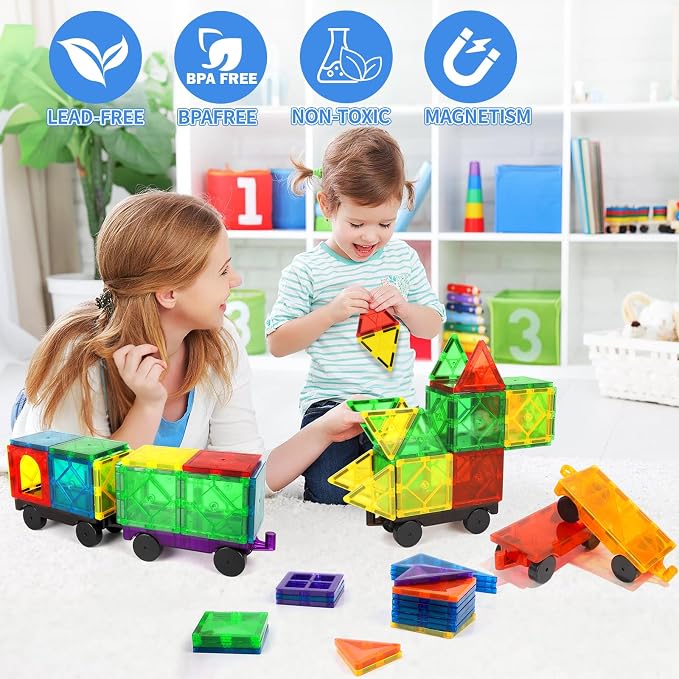 Mruikeny Magnetic Tiles Cars Construction Set - 4 PCS Magnetic Tiles Magnet Bricks Truck Sensory Toys, Educational Magnet Cars Set Building Blocks for 3 4 5 6 7 8+ Year Old Girls Boys