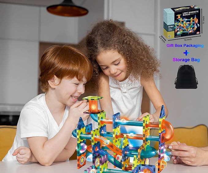 Glowing Magnetic Tiles Marble Run Race Track Super Set - 150 Complete Pieces Glow in The Dark STEM Magnetic Building Blocks Gravity Marble Maze Games for Toddlers Kids Boys Girls Ages 3+ Years