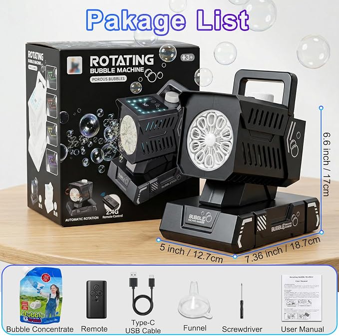 Bubble Machine for Kids, Rechargeable Bubble Maker with Remote & RGB Lights, Automatic Rotating Battery Bubble Blower for Birthday Parties, Weddings, Outdoor Activities, Pets