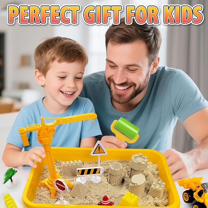 Carolart Construction Sensory Bin, Mess-Free Sandbox Playset with Glow in The Dark Stones, Play Sand with Toy Excavator and Bulldozer, Sensory Sand Activity Kit, STEM Gift for Boys Girls Ages 3-8