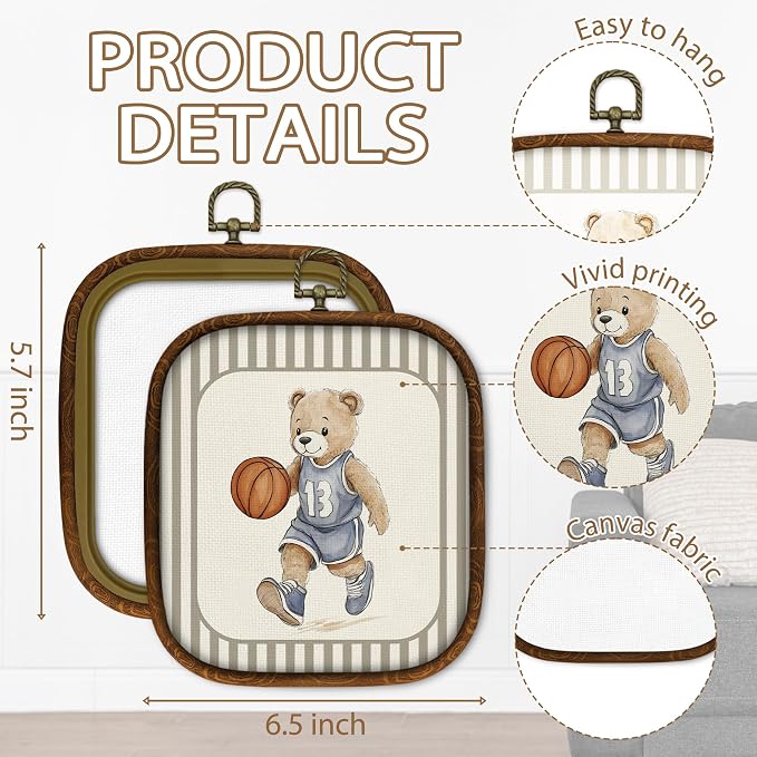 WULQYING Vintage Bear Basketball Wall Art Decor, Retro Nursery Sports Square Framed Canvas Art Prints, Toddler Striped Wall Hanging Decor for Home Kids Playroom Boys Bedroom, 5.7x6.5 Inches