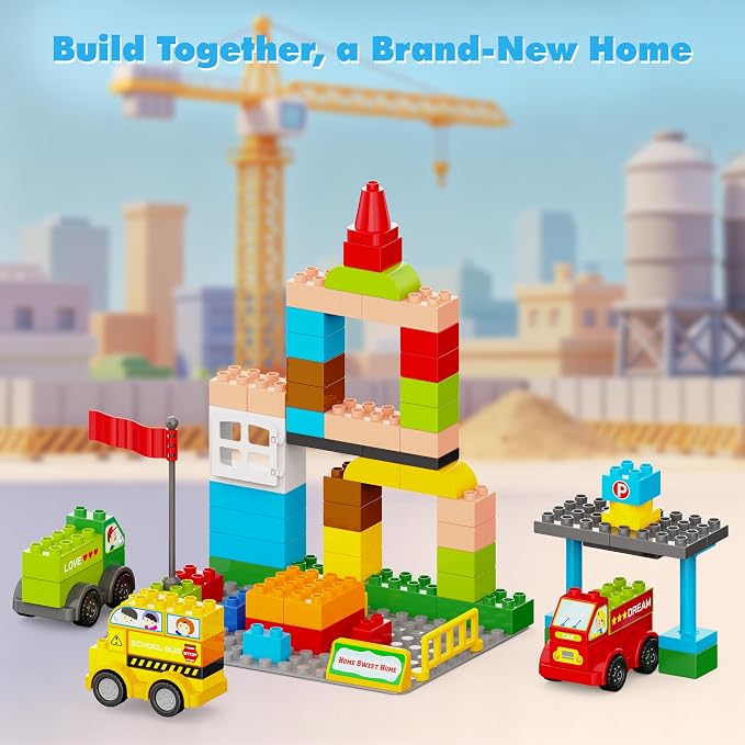 100+ Pcs Building Blocks Set with 4 Construction Trucks, Large Baseplate, Post-Disaster Rebuild Pretend Play, STEM Toy for Fine Motor Skills & Emotional Growth, Gift for Kids Ages 3-8