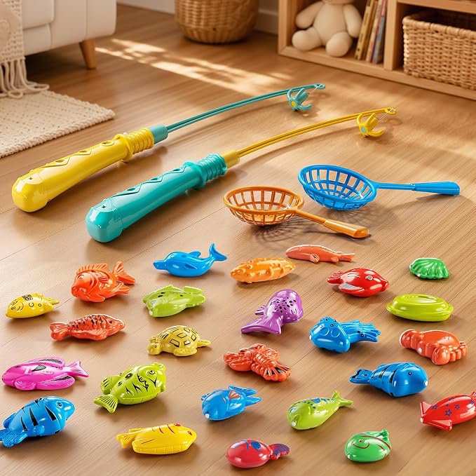 TEMI Fishing Toy Game for Kids 3 4 5 6 7 8 Years Old, 51 Fish Bath Playset for Toddlers, Toy Magnetic Rod and Fishing Net, Outdoor Water Toys for Kids Age 3-5, Party for Boy and Girl