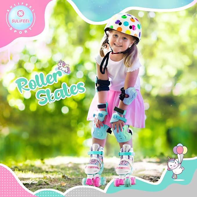 SULIFEEL Rainbow Unicorn 4 Size Adjustable Roller Skates for Girls Boys for Kids Ages 3-5 5-8 6-12 Children Skates Indoor Outdoor