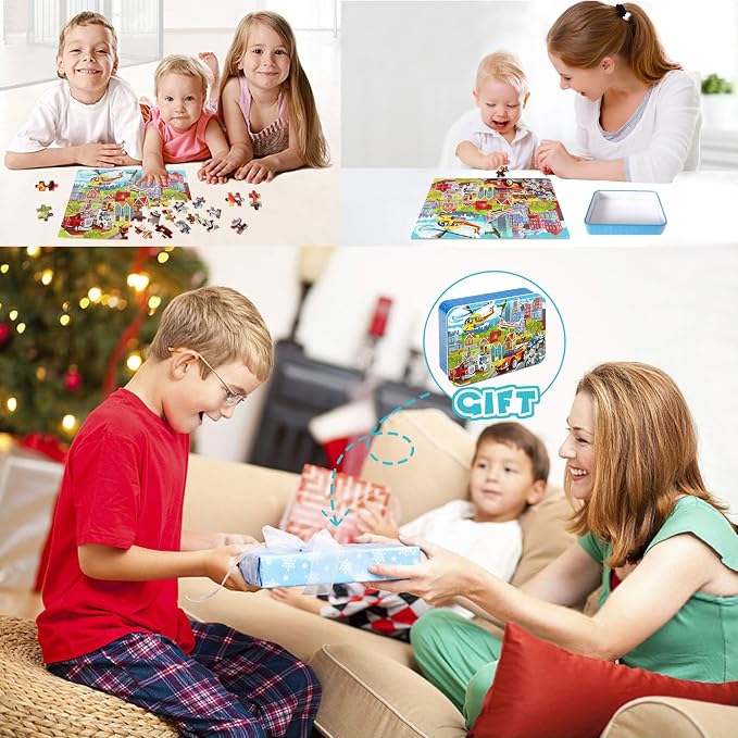 LELEMON Puzzles for Kids Ages 4-8 Transportation Vehicles Jigsaw Puzzles for Kids Boys Girls 100 Pieces Fire Truck Car Learning Educational Puzzles in a Metal Box