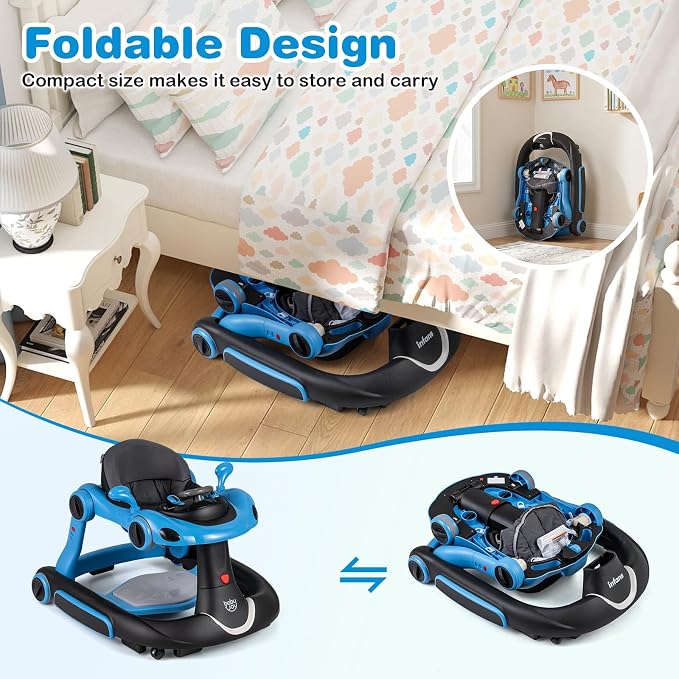 BABY JOY 7-in-1 Baby Walker, Foldable Baby Walker and Bouncer Combo with Handle, Adjustable Height & Speed, Music, Lights, Rocker/Push Mode, Baby Walker with Wheels for Boys Girls 7-18 Months (Blue)