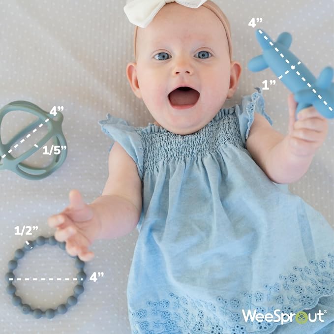 WeeSprout Silicone Baby Teether Toys for Infant Babies and Toddlers, Cute Ring, Puppy Dog, and Ball, Soft and Flexible, BPA Free, Boys and Girls (Matte Green, Pink & Off White)