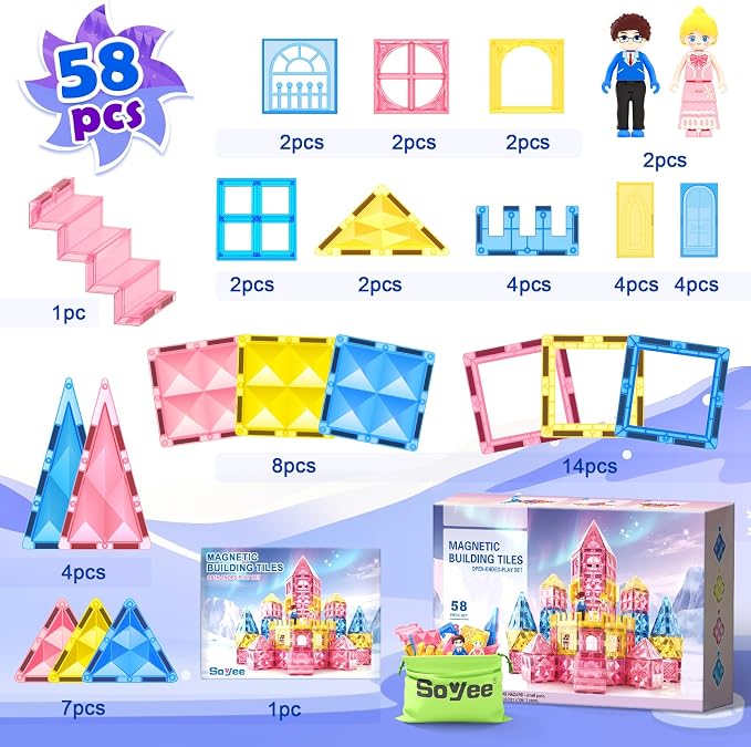 Soyee Diamond Magnetic Tiles Magnet Building Blocks - Princess Castle Toys for Girls & Boys Age 3-8 Birthday Present 5 6 7 8 9 10 Year Old Gifts for Kids Classroom