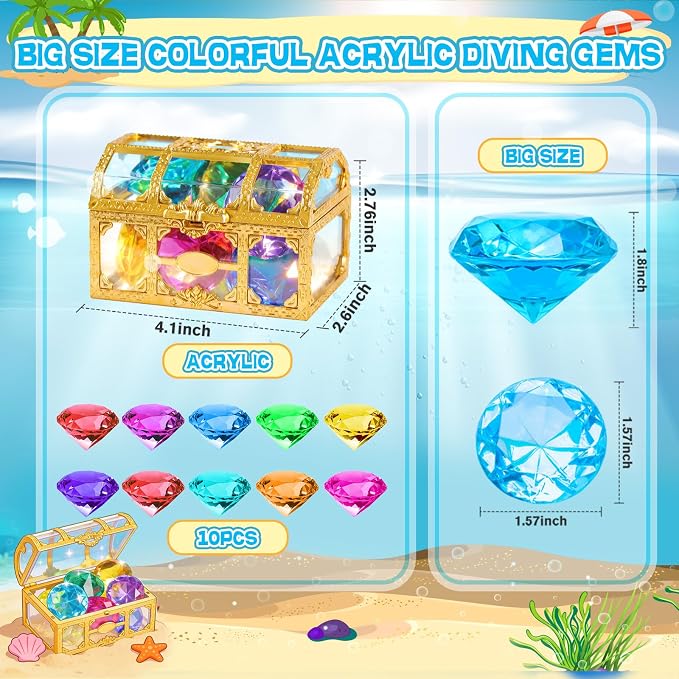 DISHIO Large Diving Gem Pool Toys with Golden Treasure Box, 10PCS Colorful Acrylic Diamonds Set for Summer Swimming Underwater Training, Pirate Party Favors, Bath Toys for Kids Gold