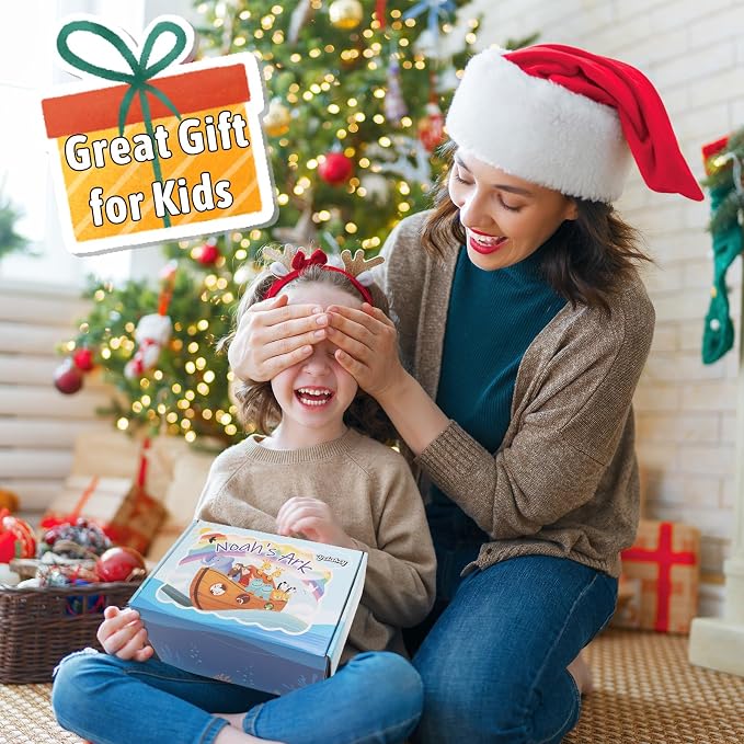 Yelakey Wooden Noah's Ark Toy Baptism Gifts for 1 2 3 4 Years Old Baby Boy and Girl Montessori Educational Toy for Toddlers with Bible Story Animal Shape Sorter