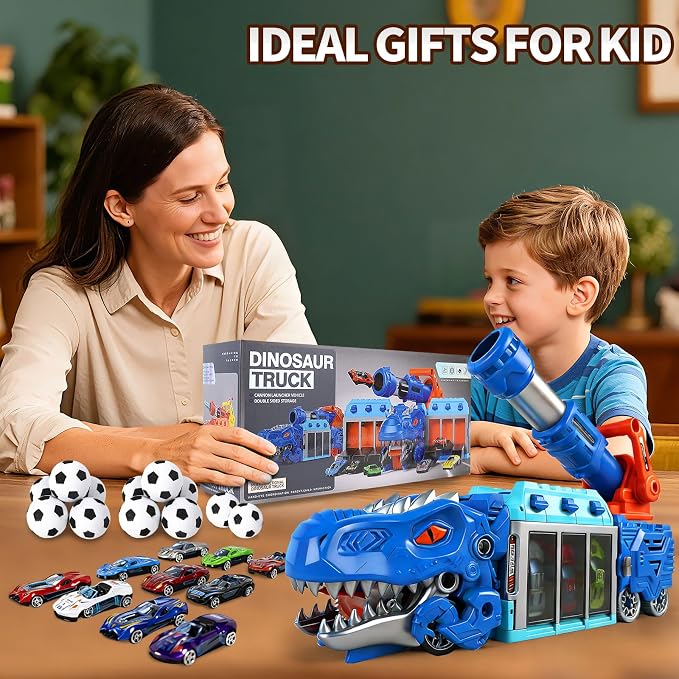 STBEIMEIMY T-Rex Dinosaur Truck, Foldable Storage & Ejection Shooting with 10 Cars Foldable Carrier Stores 10 Cars & 12 Balls, Fun Shooting Game, Sturdy for Active Play, Great for Travel