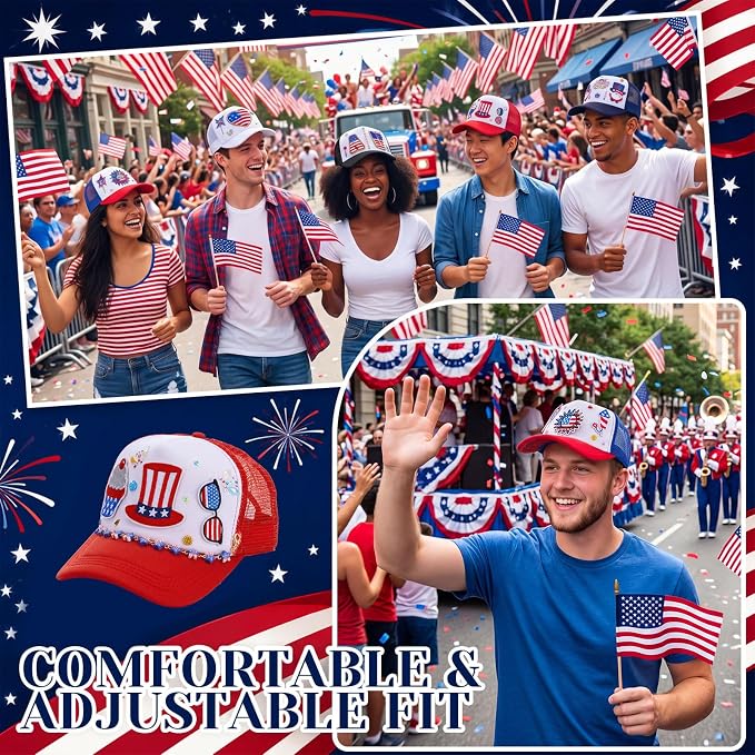 Skicuff 130 Pcs 250th Anniversary 4th of July Patriotic Craft Set, 10 Pcs DIY Red White and Blue Trucker Hats with Stickers Patches Chains USA Chenille Letters Beads for Independence Day Party Decor