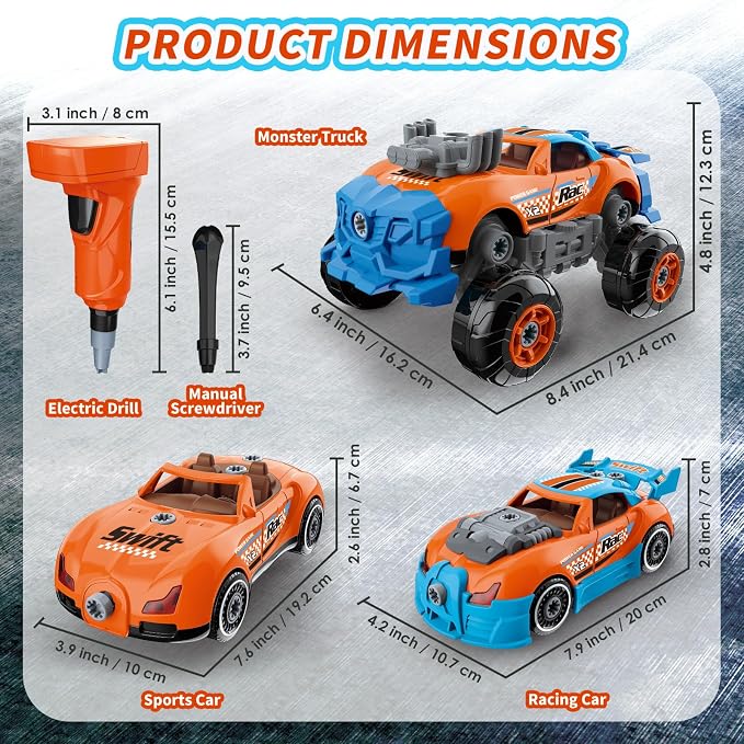 Pup Go 3-in-1 Take Apart Car for Boys Ages 3 4 5 6 7, Building Toys with Electric Drill, 43 Pcs Construction Toy Truck, Build Your Own Car with Play Tools, Ideal STEM Gift for Kids Children (Orange)