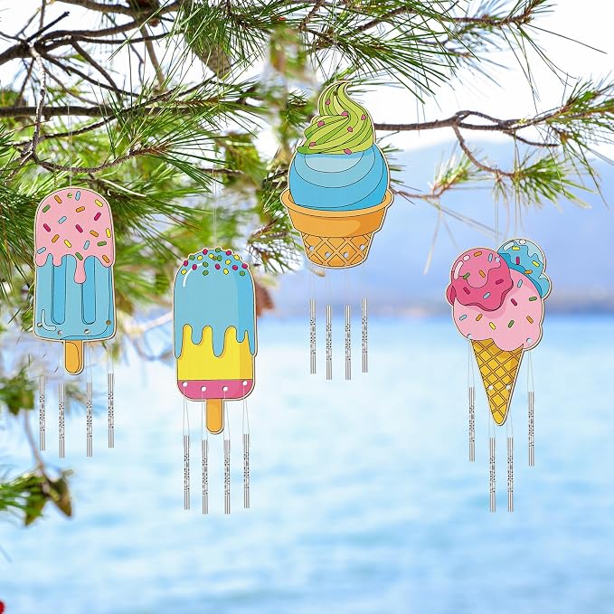 Silipull 24 Sets Summer Wind Chimes Craft for Kids Color Your Own Ice Cream Windchime DIY Unfinished Wood Hanging Ornaments Coloring Wind Chime for Kids Gifts School Home and Party Supplies