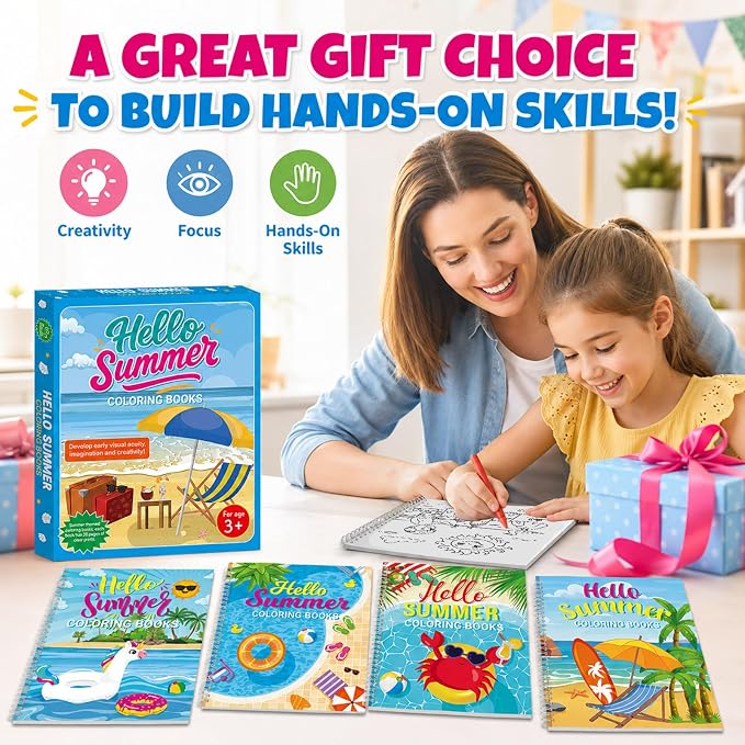 4 Pack Hello Summer Coloring Books 8.6x11 Inch Spiral Bound Coloring Books Bulk Summer Beach Activity Book DIY Crafts for Birthday Gifts Pool Party Favors Hawaiian Tropical Holiday Supplies