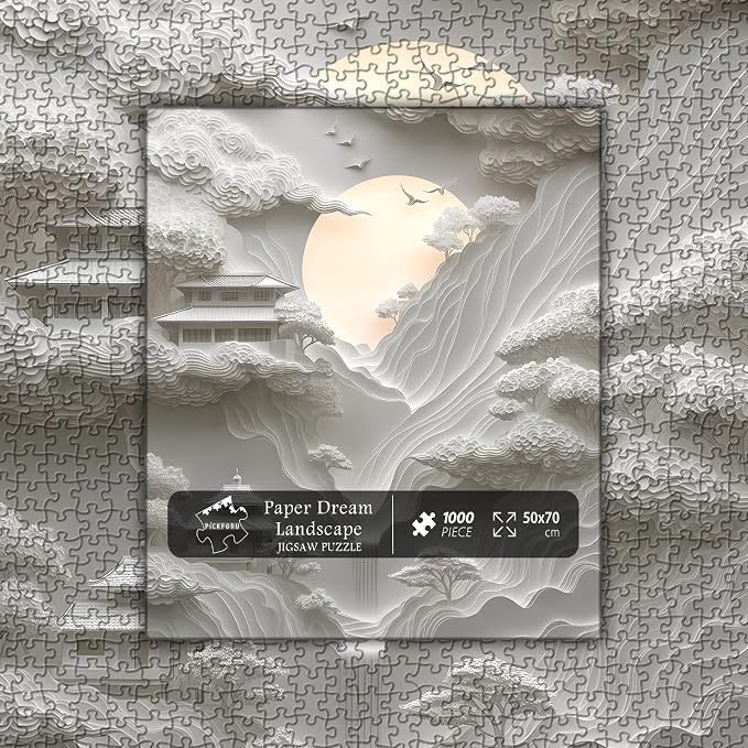 Impossible Landscape Puzzles for Adults 1000 Pieces,White Paper Art Mountain Puzzles Clouds Moon Scenery,Unique Scenic Nature Jigsaw Puzzles Building, Hard Difficult Challenge for Adult