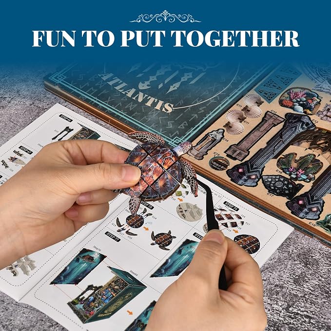 fifijoy Book Nook Kit - DIY Miniature House Dollhouse Kit for Adults and Teens, Booknook Tiny House Atlantis Bookshelf Decor 3D Wooden Puzzle with LED Light, Gifts for Family and Friends (Atlantis)