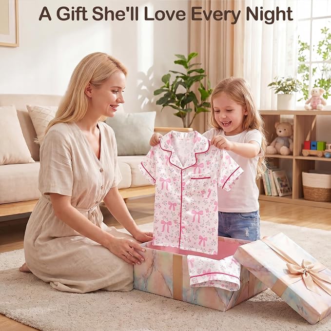FIOBEE Girls Satin Pajamas Doll Matching Clothes, Stain Button Down Pjs Set Fits 18 Inch Dolls Soft Silky Toddler Kids Sleepwear White Floral