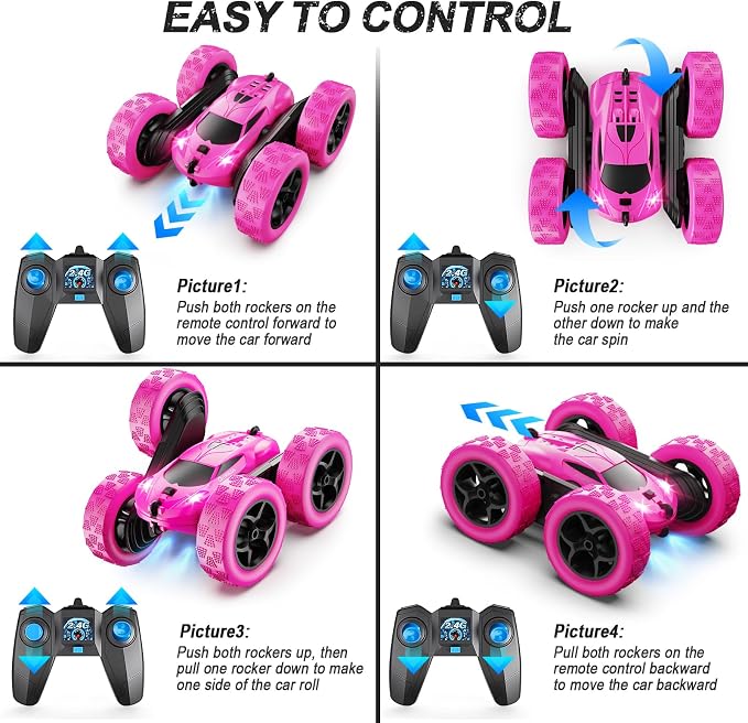 QUNREDA RC Cars, Rose Remote Control Car for Girls, 2.4 GHZ Double Sided RC Stunt Car 360° Rotating Remote Control Crawler with Headlights Car Toys for 6 7 8 9 10 11 12 Girls Birthday Gift