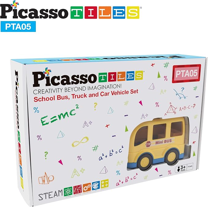 PicassoTiles Magnetic Figures 5 Piece Vehicle and Action Figure Set Including School Bus, Car, Truck and 2 Drivers Magnet Expansion Pack Toddler Toy Kit Pretend Playset for Construction Building Block