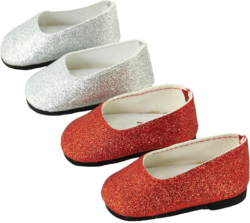 American Fashion World Red and Silver Glitter Flats for 18-Inch Dolls | 2 Piece Set | Premium Quality & Trendy Design | Dolls Shoes | Shoe Fashion for Dolls for Popular Brands