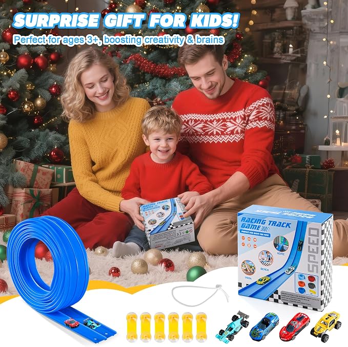 Flexible Race Track for Kids - 15 Ft Flex Track Race Car Tracks with Car Ramp Toy, Fit for Monster Truck Track & Kids' Play Cars, Race Tracks for Toddlers 3+, Gifts for Boys Girls (Dark Blue)