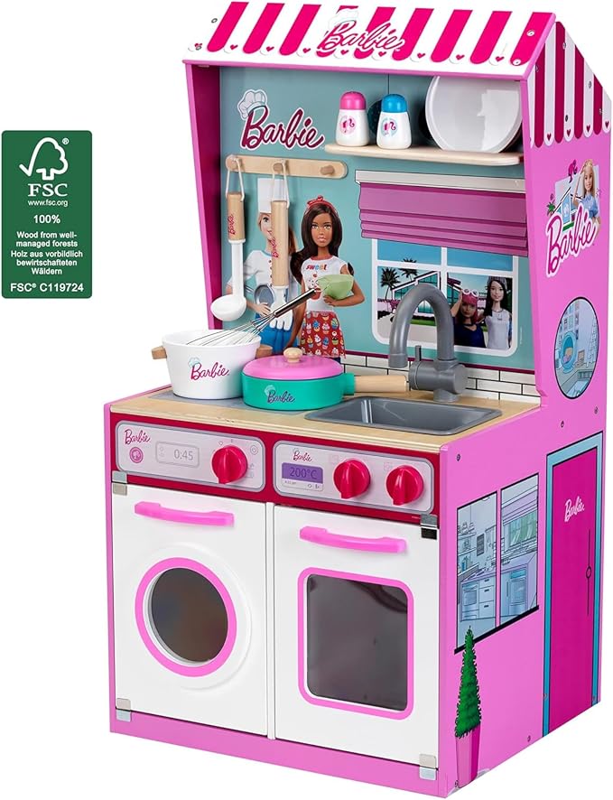 Klein Theo 2 in 1 Barbie Wooden and Metal Toy Kitchen and Dollhouse with Pretend Washing Machine and Oven for Kids Ages 3 and Up Integrated Dollhouse