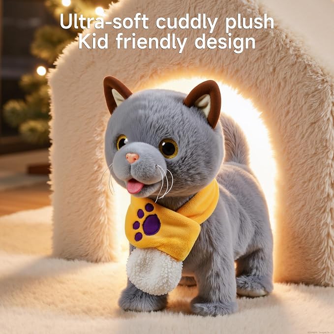 TUMAMA Walking Cat Set, Cat Toys for Kids Age 2 3 4 5+ Years | Wag Tail, Meows, Pretend Dress Up,Sing, Realistic Stuffed Cat