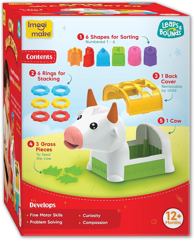 Imagimake Cow Shape Sorter | Leaps & Bounds Baby Toys 12-18 Months | Learning Toys for 1+ Year Old & Toddlers | 5-in-1 Play & Learn | Stacking, Sorting & Pretend Play | Birthday Gifts for 1 Year Old