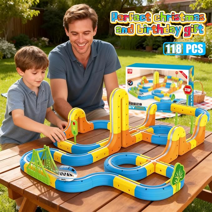 VEAIS Electric Train Set for Kids, 118Pcs 3D Flexible Race Track Sets, Gravity-Defying Motorized Car for Toddlers,Montessori STEM Train Tracks Toys,Birthday Gifts for Kids Boys Girls Age 3 4 5 6 7 8+