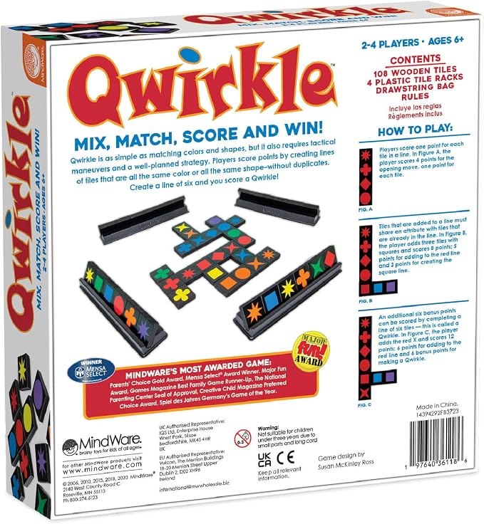 MindWare Qwirkle with Trays Board Game for Kids Ages 6+ Strategy Tile Game for Family Game Night 2-4 Players with 108 Wooden Tiles and 4 Trays