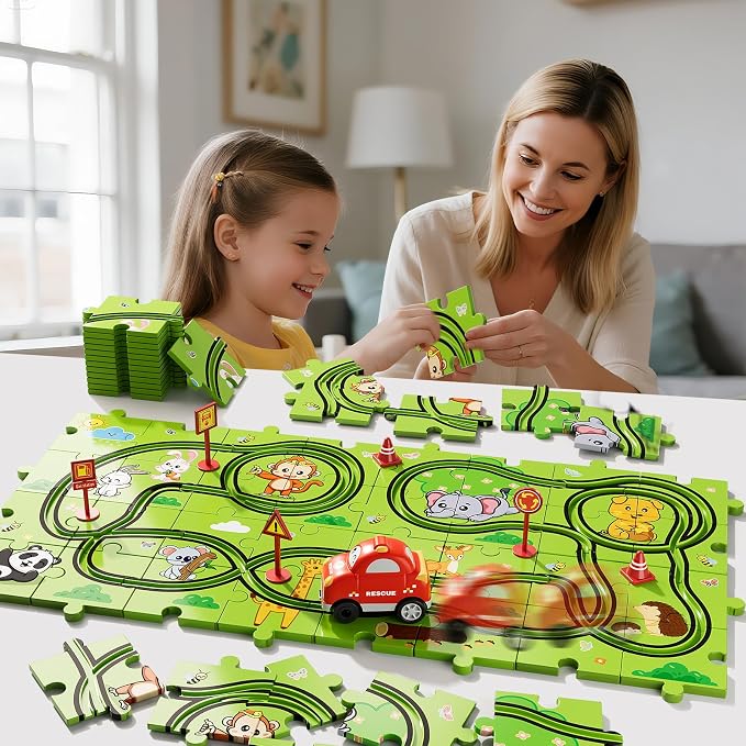 32-Piece Puzzle Race Car Track Set for Toddlers 1-3 | Animal-Themed Tracks, Cars & Road Signs | Puzzle Car Tracks Toddler Toy Gifts for 2 3 4 5 6 Year Old Boys & Girls