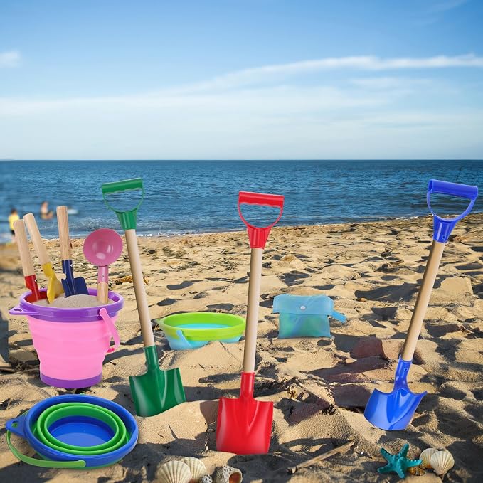 13 Pack Beach Bucket Shovels Toys for Kids,Collapsible Beach Sand Toys Beach Pails and Shovels Set for Toddlers Kids Sand Bucket and Mesh Shovels with Mesh Bag Travel Beach Toys Kit Age 3-10
