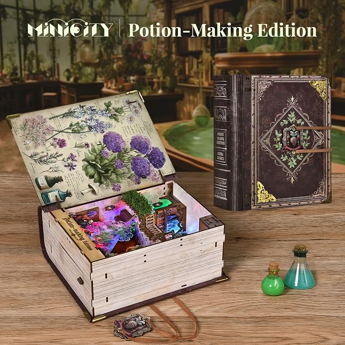 MiniCity DIY Book Nook Kit with 3D Puzzle Model Building Wooden Bookshelf Bookend Toy Halloween Christmas Birthday Gift (Potion-Making Edition)