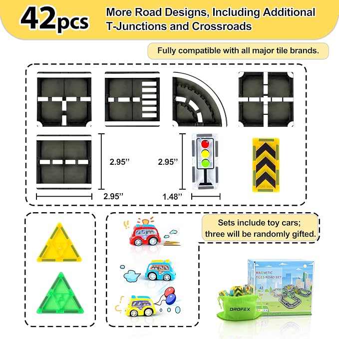 Drofex 42pcs Magnetic Tiles Road, Magnetic Building Blocks City Construction Toys for 3+Year Old Boys Girls, Kids Montessori Toys for Toddler, STEM Learning Gifts