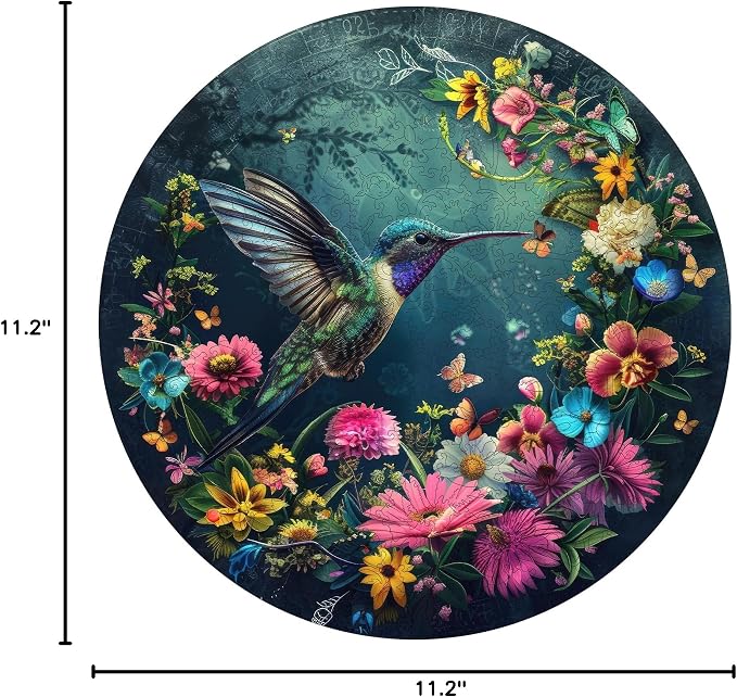 Mys Aurora Wooden Puzzles for Adults, Hummingbird Jigsaw Puzzles 200 Pieces, Unique Shaped Round Flower Puzzles for Adults and Kids, Family Game 11.2 x 11.2 Inch Medium Size