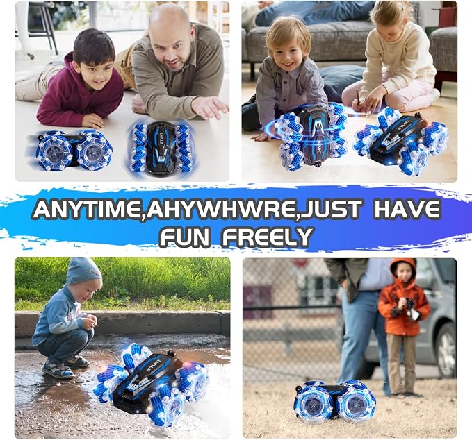 Remote Control Car, 4WD Gesture Sensing RC Stunt Car, Double Sided 360° flip, with Cool Lights and Music, Birthday Present Toys Car for Boys SND Girls Aged 5-12 (Blue)