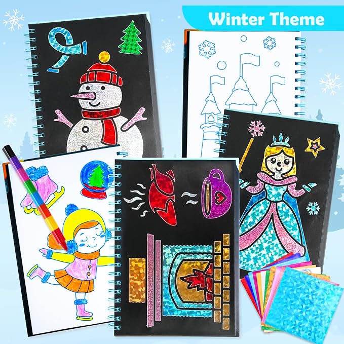 FUNNYB&G Foil Art Craft Kit for Girls 4-10 Years Old: Mess-Free & No-Glue, Create 16 Sparkly Winter Pictures – Perfect Travel Toy & Birthday Gift for Kids (Winter)