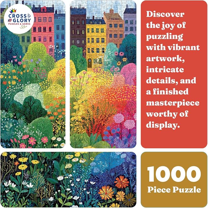 Cross & Glory – Copenhagen in Bloom – 1000 Piece Jigsaw Puzzle for Adults | Vibrant Copenhagen City Garden Puzzle | Colorful Wildflower Artwork | Premium Ribbon-Cut Puzzle with Satin Finish