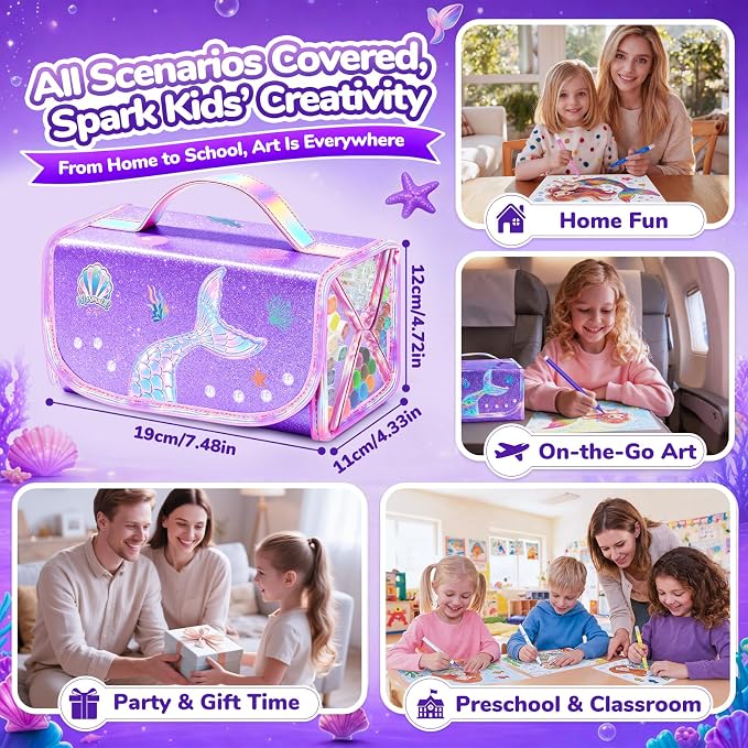 Mermaid Arts and Crafts for Girls Ages 4ā5ā6ā7ā8, 70 PCS Art Supplies Set for Kids with Washable Markers, Bonus Mermaid Hairpin, 3D Glitter Case, Scented Gel Pens & Twist-Up Crayons, Birthday Gift