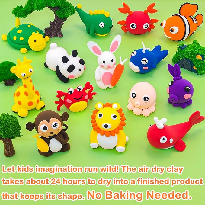 LanMa Air Dry Clay Kit for Kids, 12 Pack Animal Air-Dry Art Kits with Ultra Light & Soft Modeling Clay, Instructions, Sculpting Tools, Christmas Birthday Gifts for Boys Girls