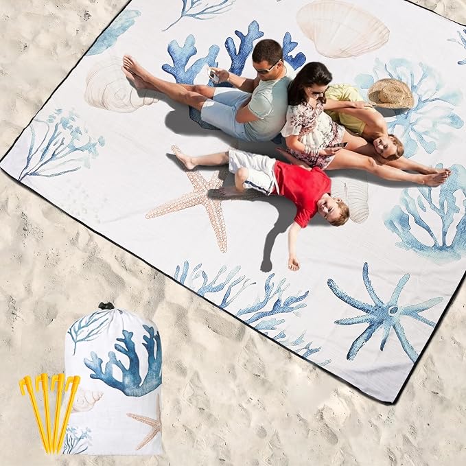 WIWIGO Beach Blanket Waterproof Sandproof Beach Mat 79" X 83"/10'x9'for 2-8 Adults Quick Drying Outdoor Picnic Mat Beach Accessories for Travel, Camping, Hiking