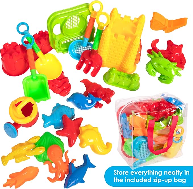 Beach Toys & Sand Toys for Kids Toddlers and Ages 4-12 — 23 Piece Sandbox Toys Set with Reusable Storage Bag, Sand Castle Building Kit, Animal Molds, Shovels, Rake, Sifter & Watering Can